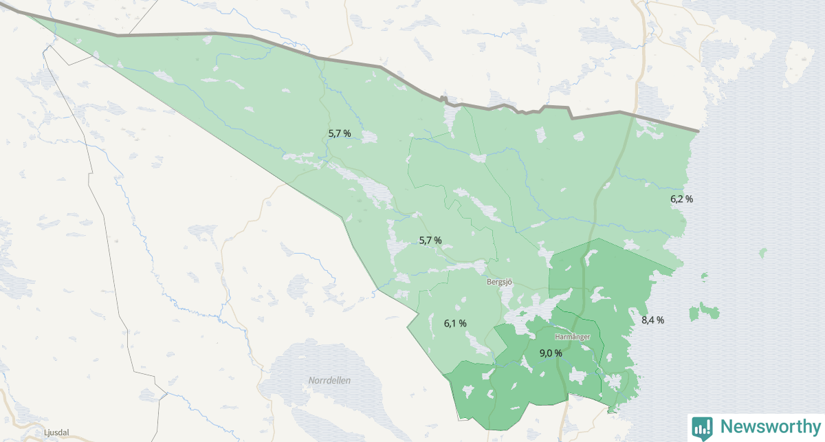 Koroplet-karta över partiets stöd i kommunens valdistrikt. Se tabell.