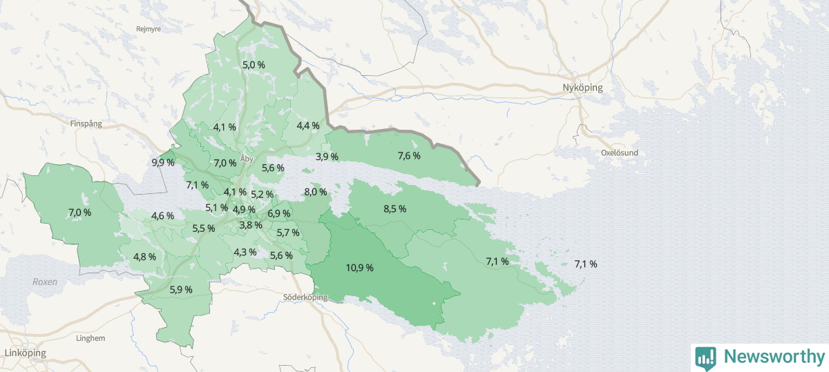 Koroplet-karta över partiets stöd i kommunens valdistrikt. Se tabell.