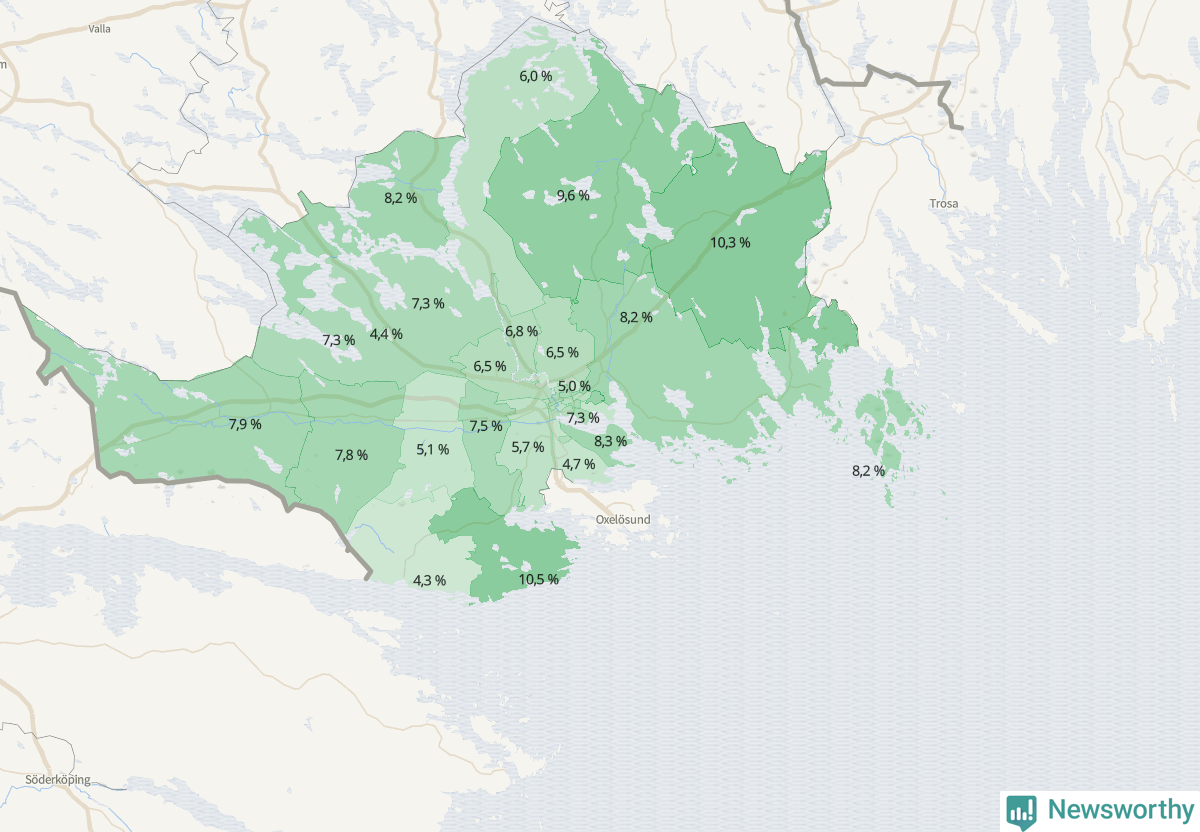 Koroplet-karta över partiets stöd i kommunens valdistrikt. Se tabell.