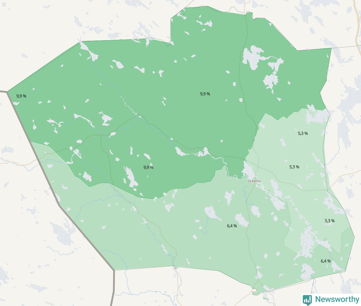 Koroplet-karta över partiets stöd i kommunens valdistrikt. Se tabell.