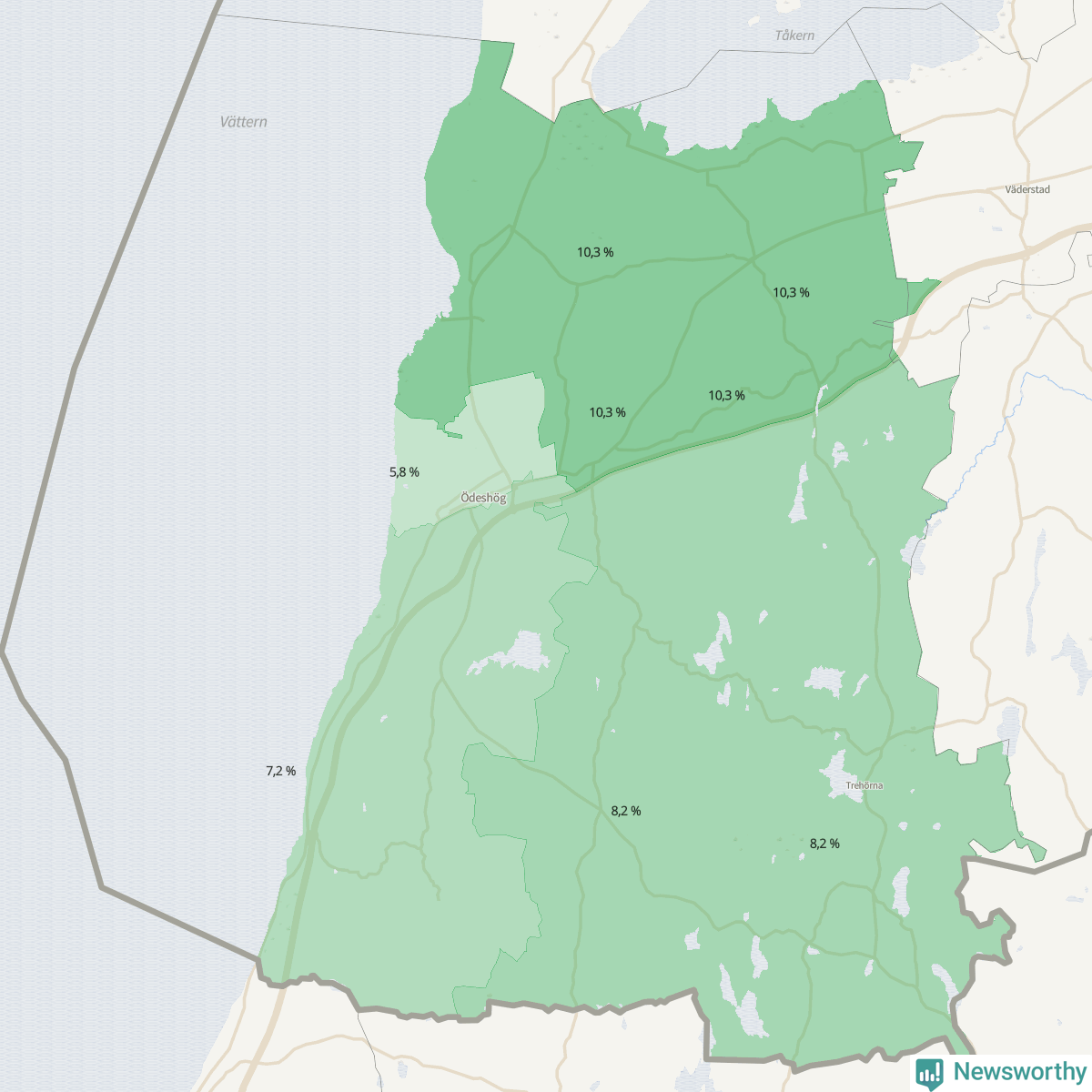 Koroplet-karta över partiets stöd i kommunens valdistrikt. Se tabell.