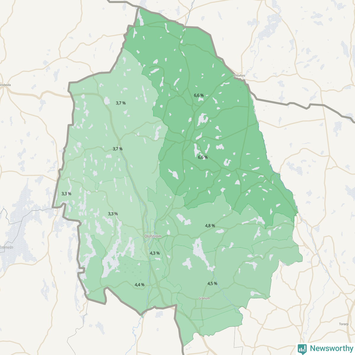 Koroplet-karta över partiets stöd i kommunens valdistrikt. Se tabell.