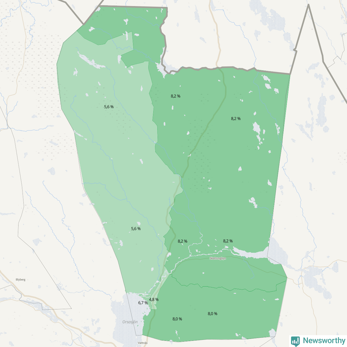 Koroplet-karta över partiets stöd i kommunens valdistrikt. Se tabell.