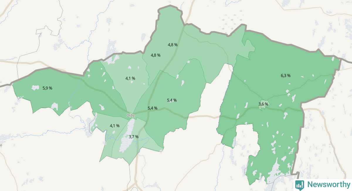 Koroplet-karta över partiets stöd i kommunens valdistrikt. Se tabell.