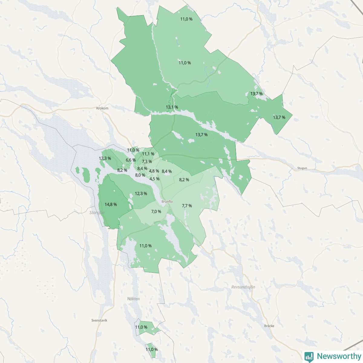 Koroplet-karta över partiets stöd i kommunens valdistrikt. Se tabell.