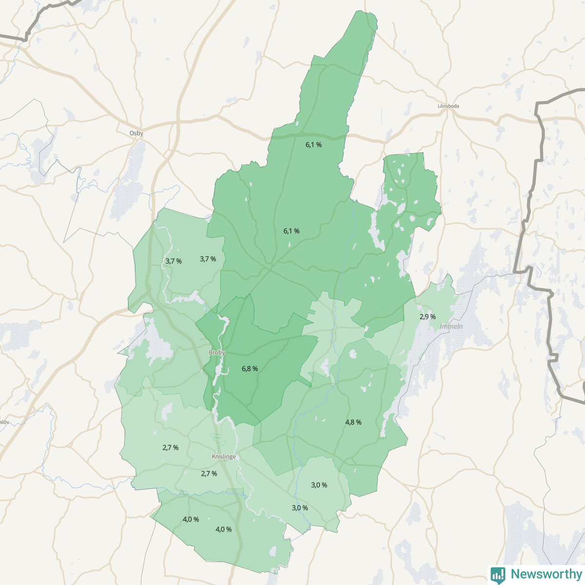 Koroplet-karta över partiets stöd i kommunens valdistrikt. Se tabell.