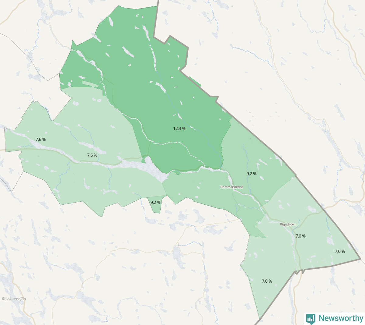 Koroplet-karta över partiets stöd i kommunens valdistrikt. Se tabell.