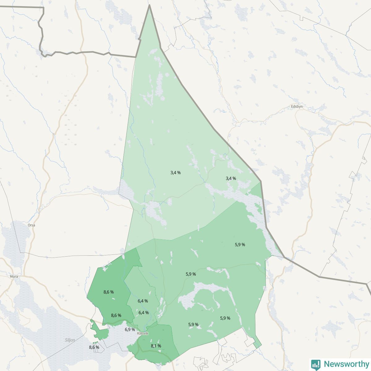 Koroplet-karta över partiets stöd i kommunens valdistrikt. Se tabell.