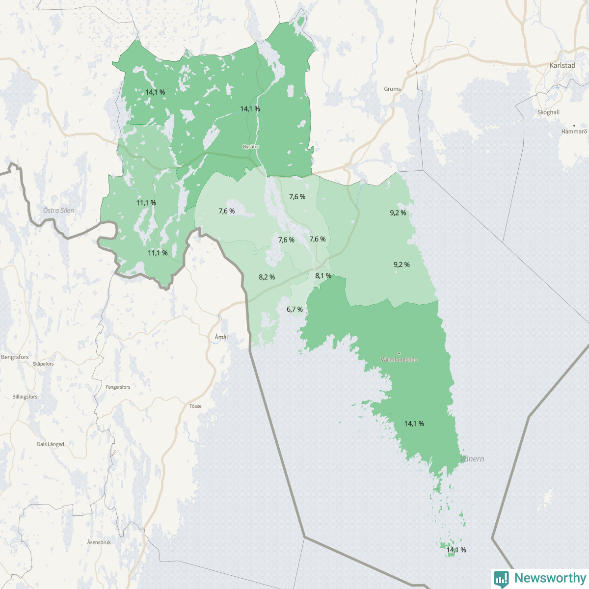 Koroplet-karta över partiets stöd i kommunens valdistrikt. Se tabell.