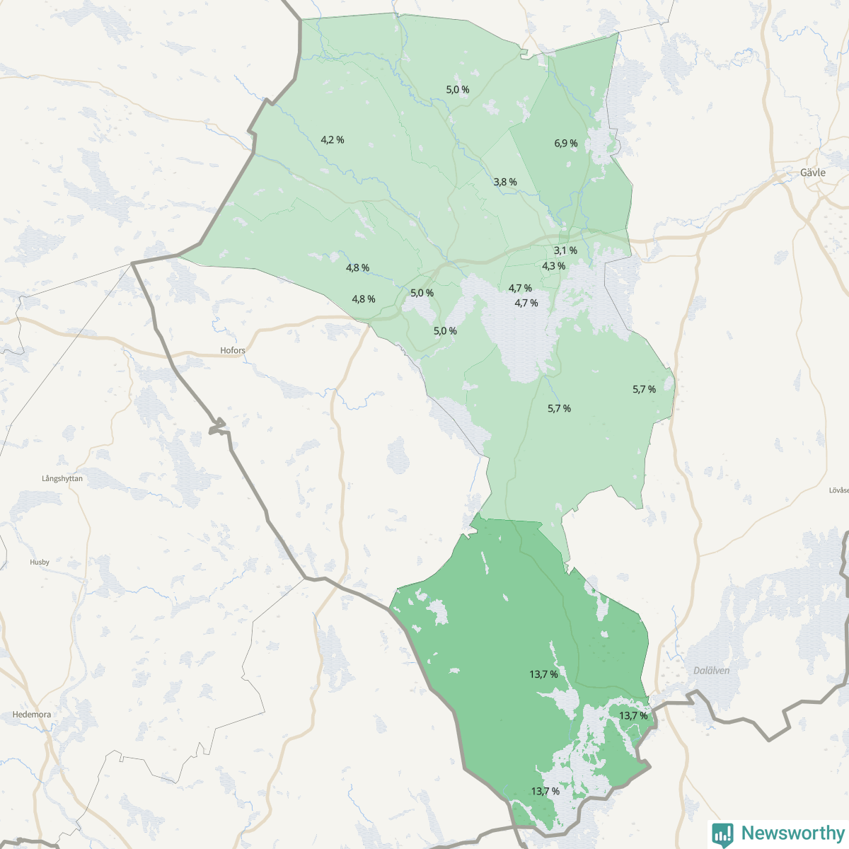 Koroplet-karta över partiets stöd i kommunens valdistrikt. Se tabell.