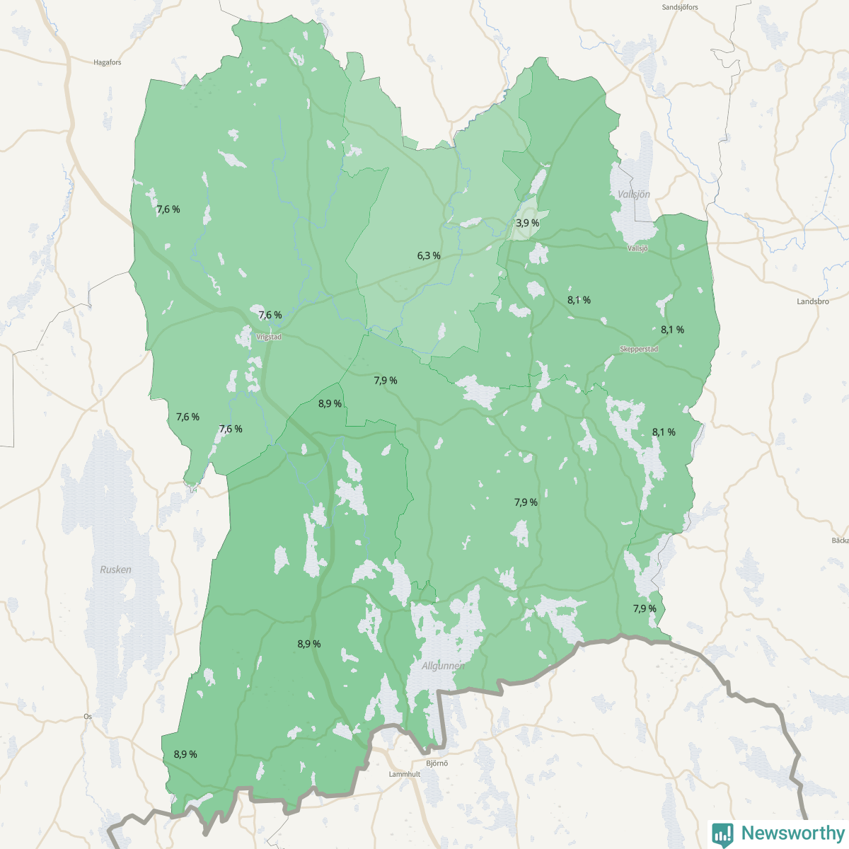 Koroplet-karta över partiets stöd i kommunens valdistrikt. Se tabell.