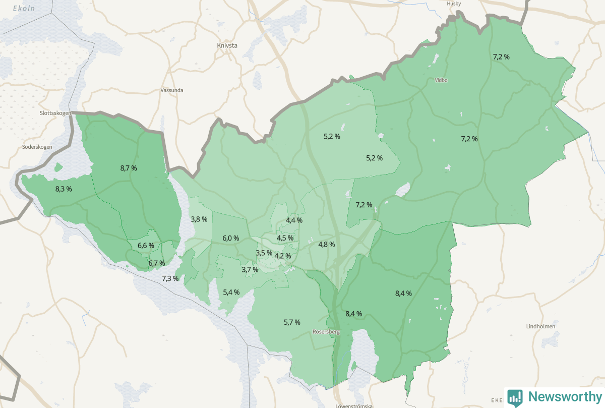 Koroplet-karta över partiets stöd i kommunens valdistrikt. Se tabell.
