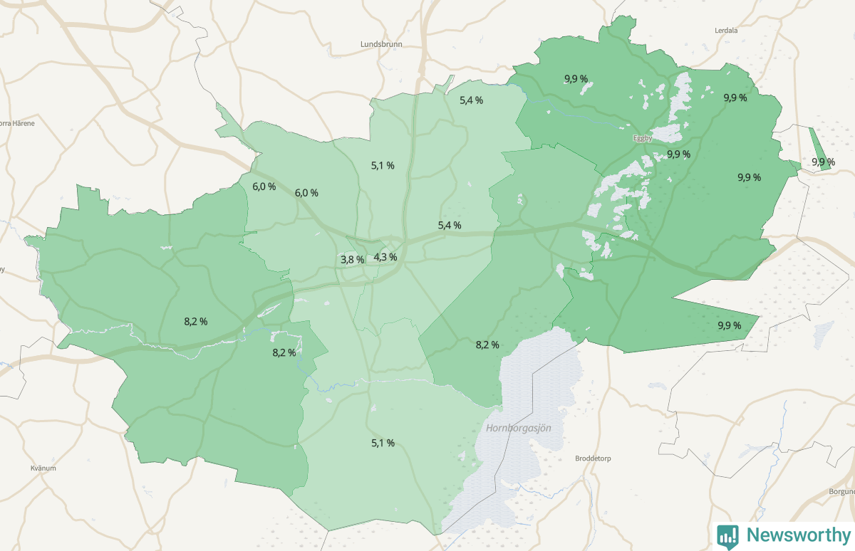 Koroplet-karta över partiets stöd i kommunens valdistrikt. Se tabell.