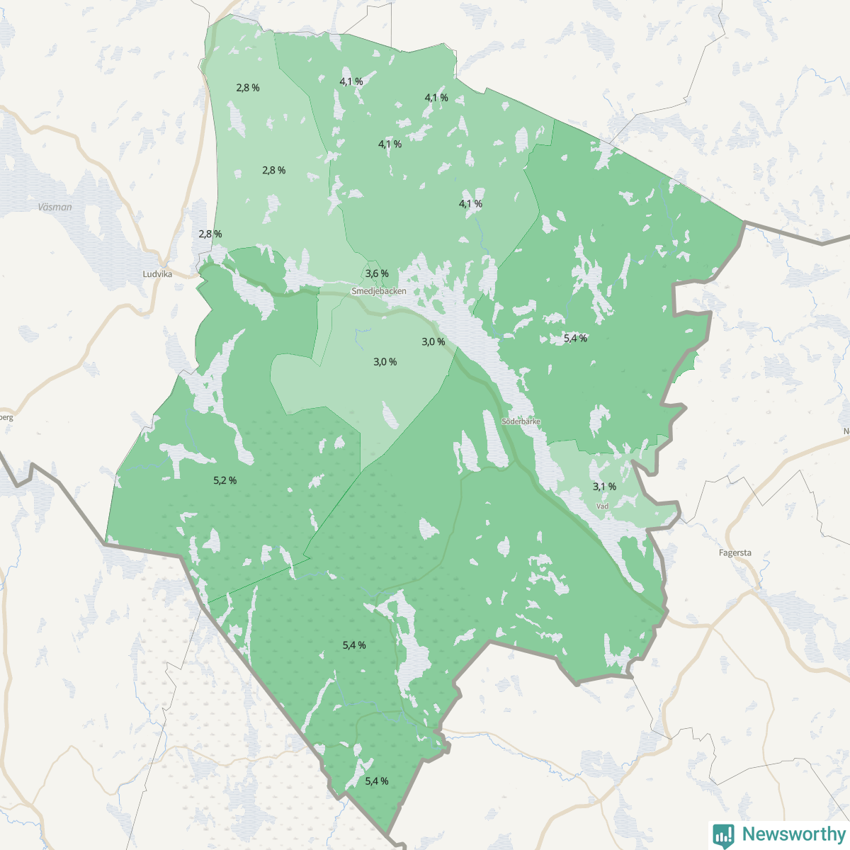 Koroplet-karta över partiets stöd i kommunens valdistrikt. Se tabell.