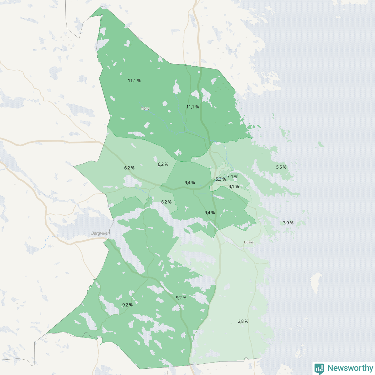 Koroplet-karta över partiets stöd i kommunens valdistrikt. Se tabell.