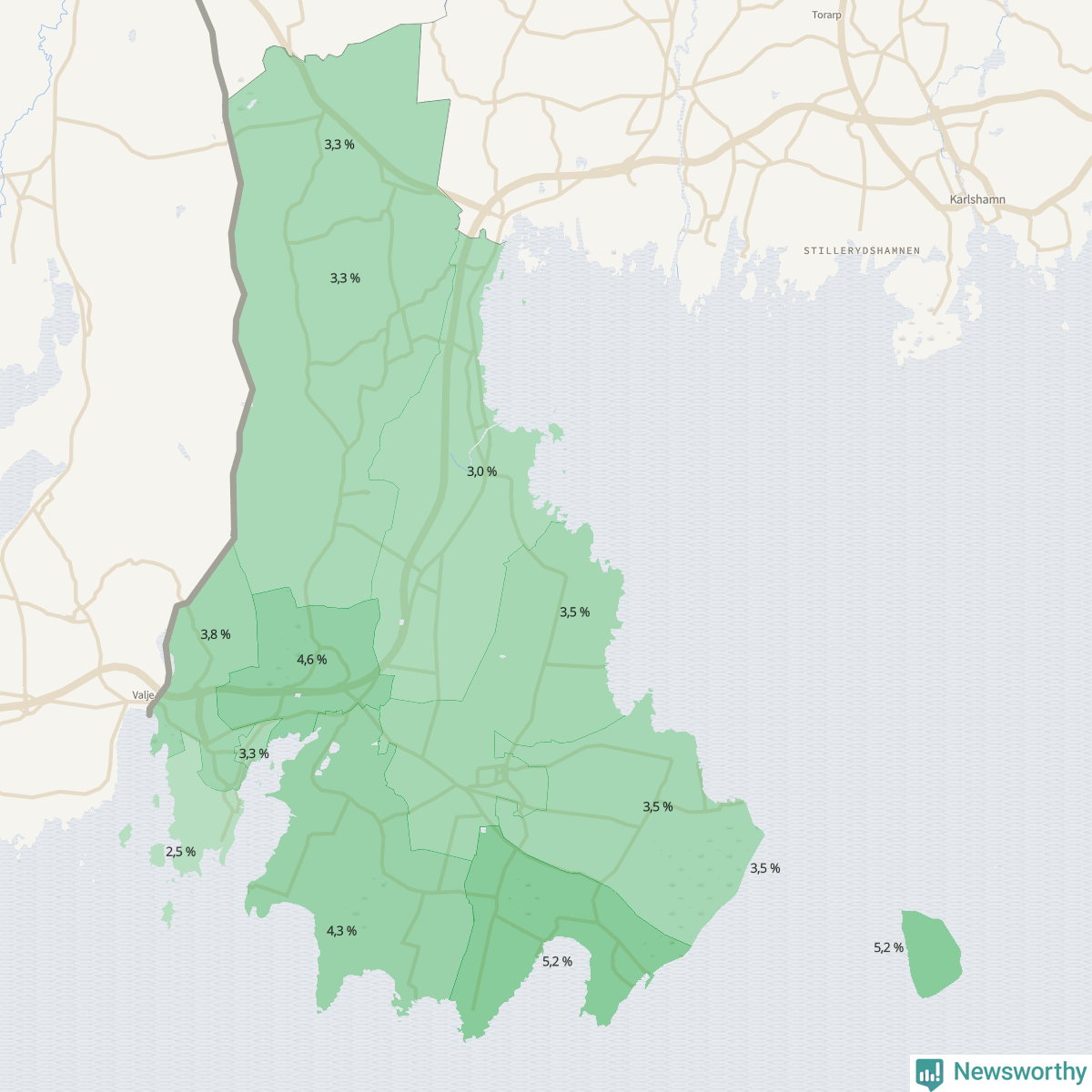 Koroplet-karta över partiets stöd i kommunens valdistrikt. Se tabell.