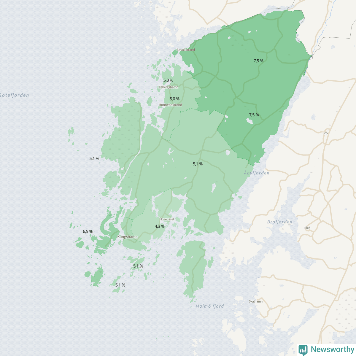 Koroplet-karta över partiets stöd i kommunens valdistrikt. Se tabell.