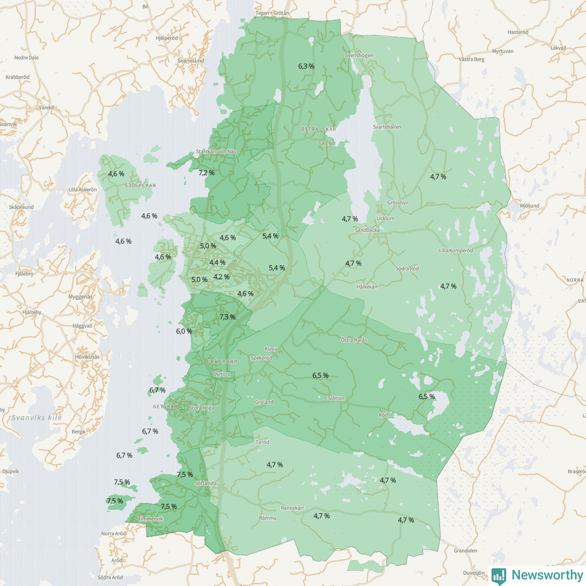 Koroplet-karta över partiets stöd i kommunens valdistrikt. Se tabell.