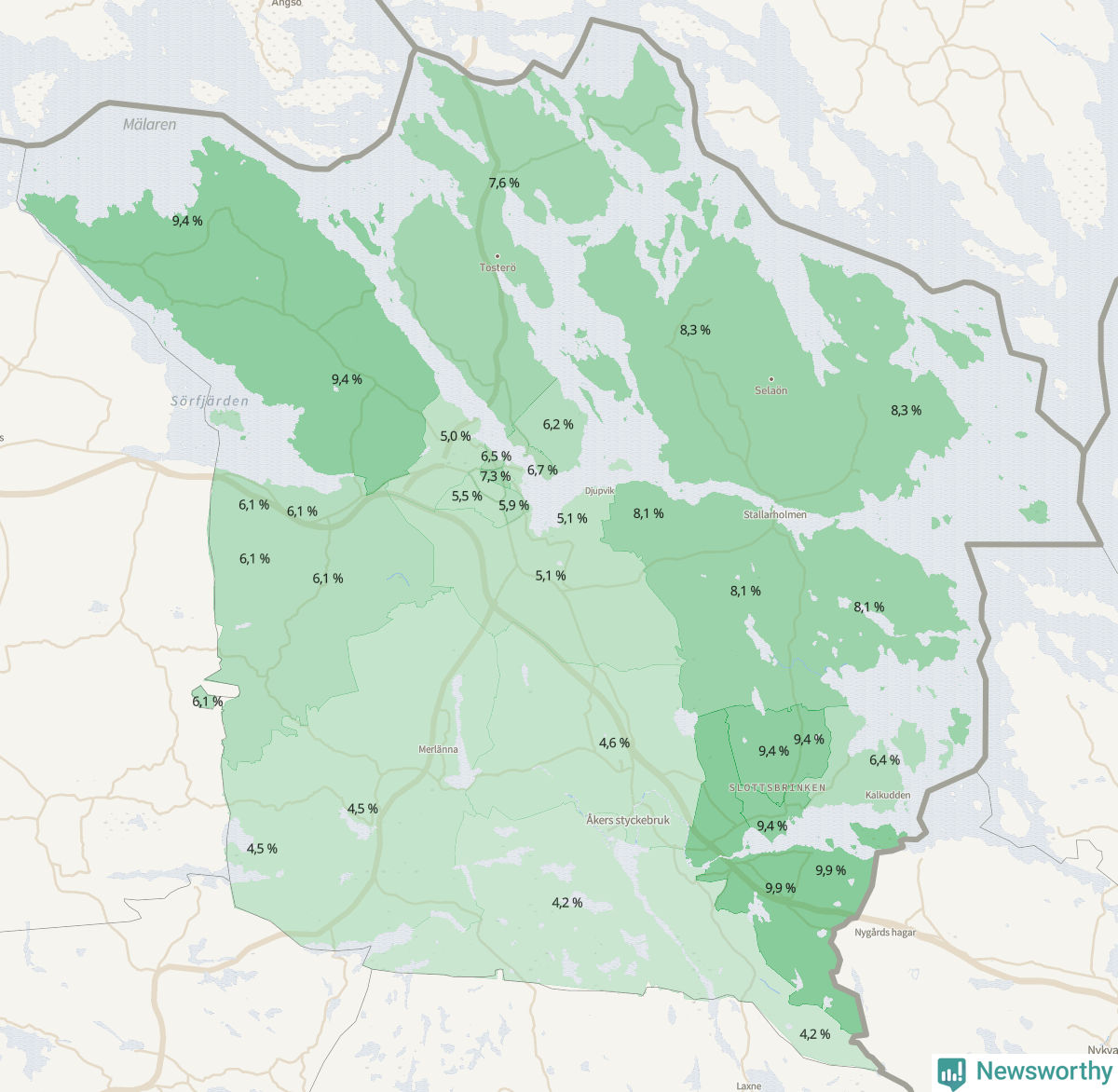 Koroplet-karta över partiets stöd i kommunens valdistrikt. Se tabell.