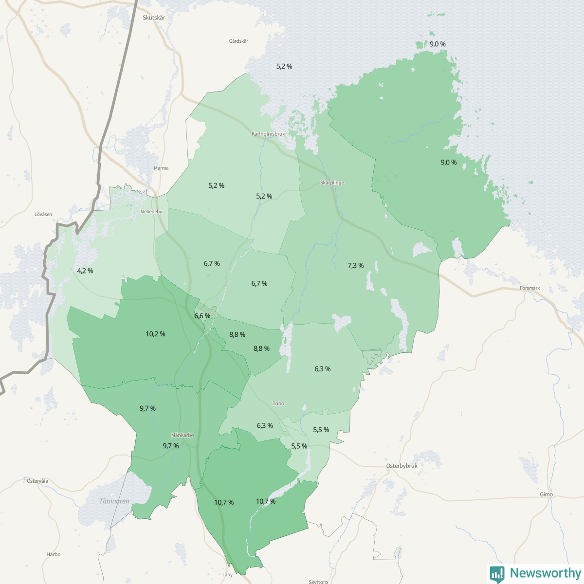 Koroplet-karta över partiets stöd i kommunens valdistrikt. Se tabell.