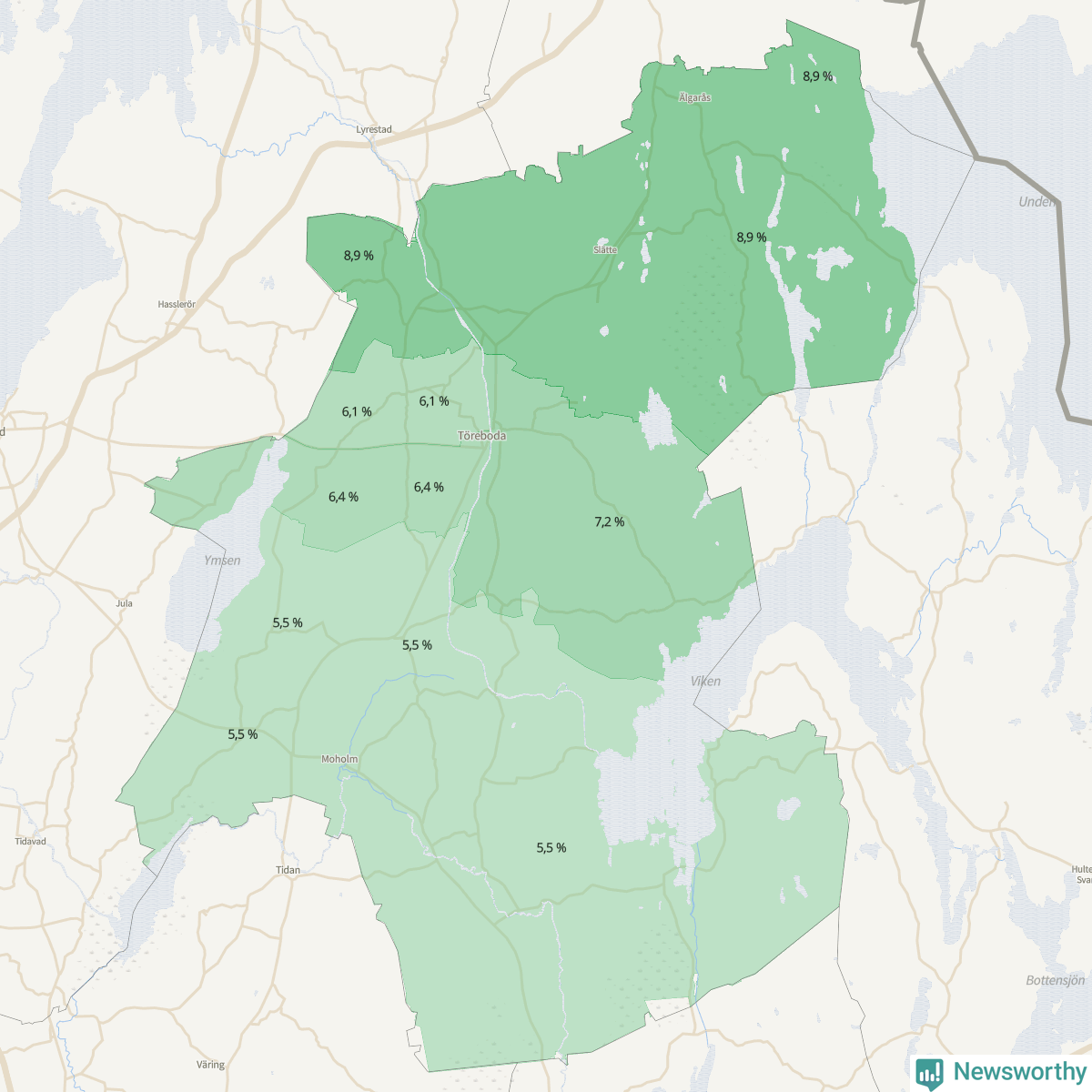 Koroplet-karta över partiets stöd i kommunens valdistrikt. Se tabell.