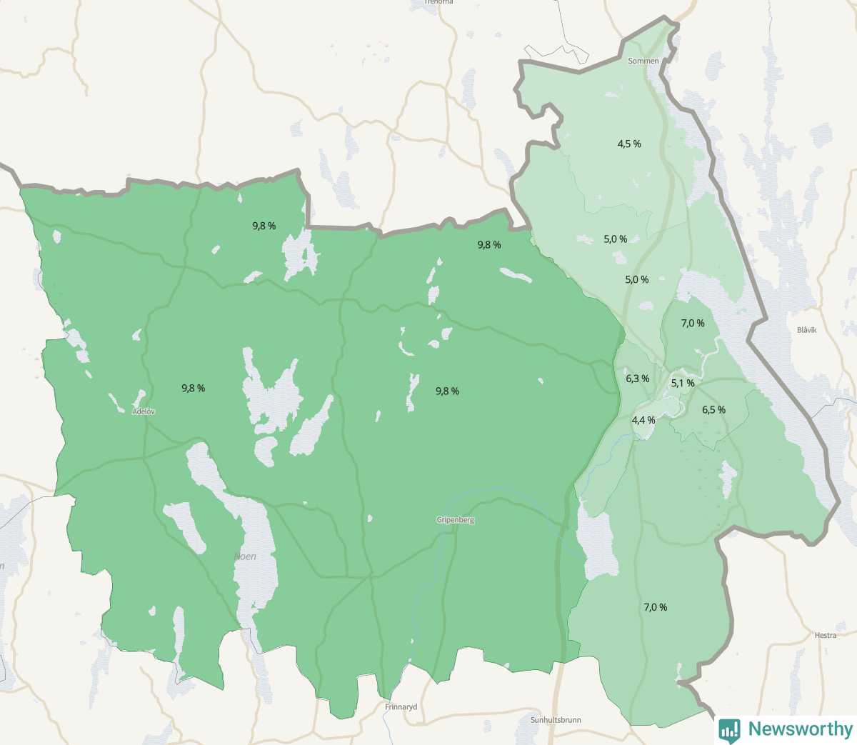 Koroplet-karta över partiets stöd i kommunens valdistrikt. Se tabell.