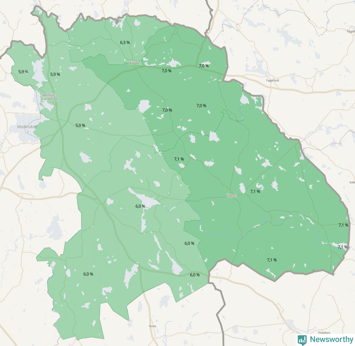 Koroplet-karta över partiets stöd i kommunens valdistrikt. Se tabell.