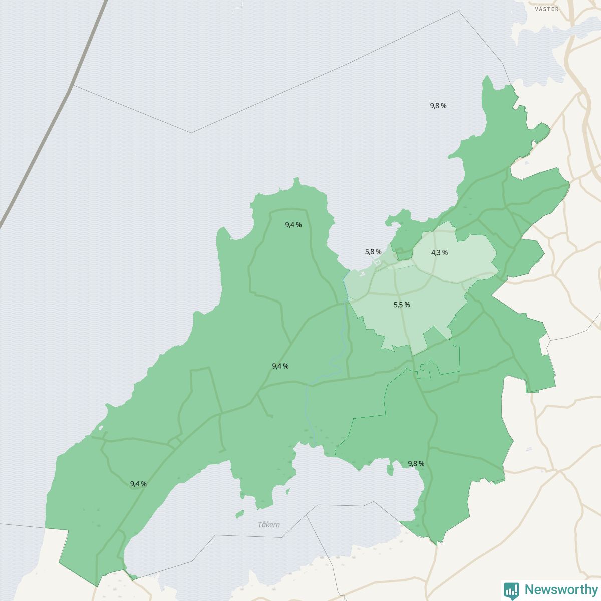 Koroplet-karta över partiets stöd i kommunens valdistrikt. Se tabell.