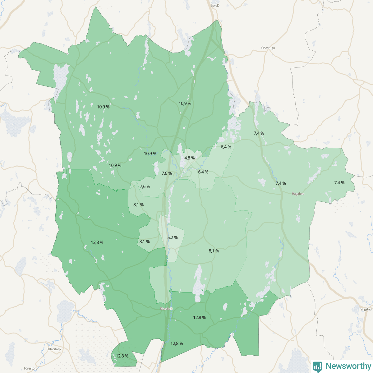 Koroplet-karta över partiets stöd i kommunens valdistrikt. Se tabell.
