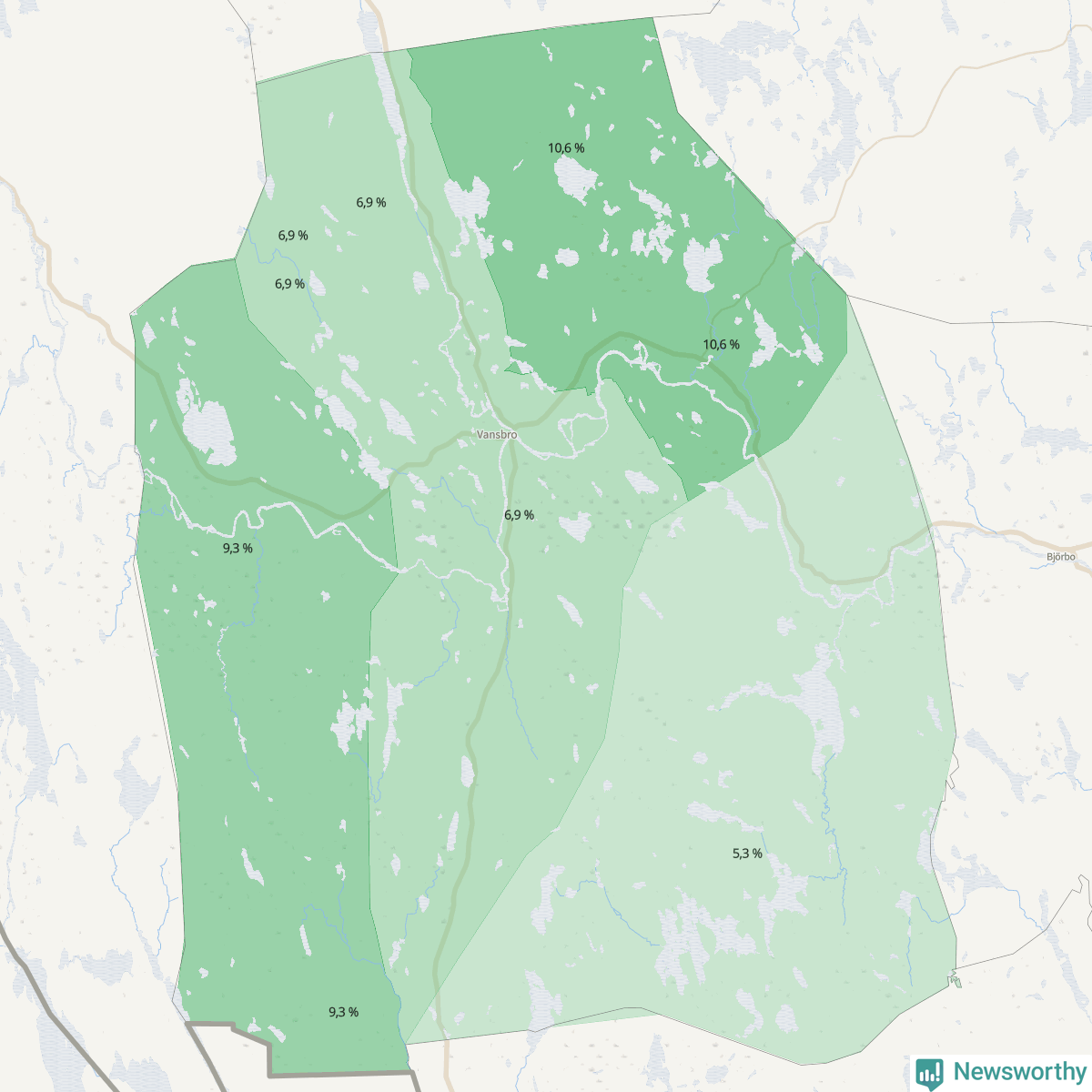 Koroplet-karta över partiets stöd i kommunens valdistrikt. Se tabell.