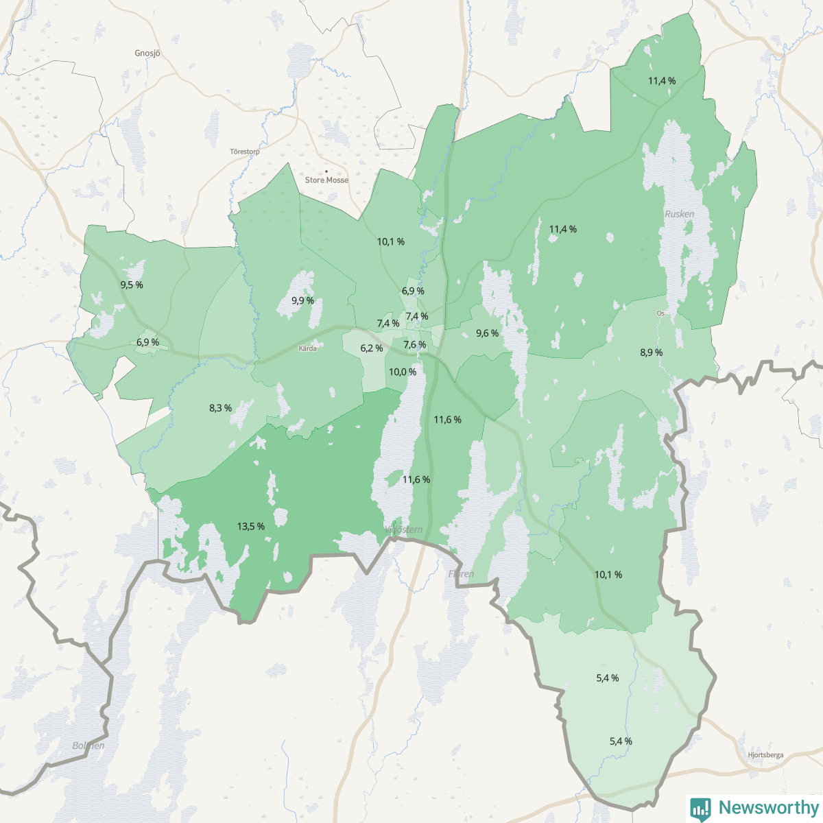 Koroplet-karta över partiets stöd i kommunens valdistrikt. Se tabell.