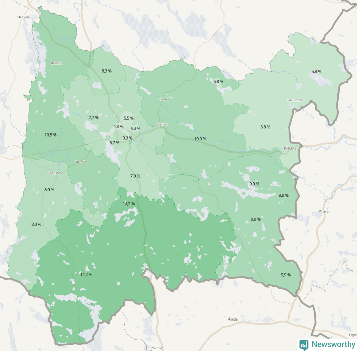 Koroplet-karta över partiets stöd i kommunens valdistrikt. Se tabell.