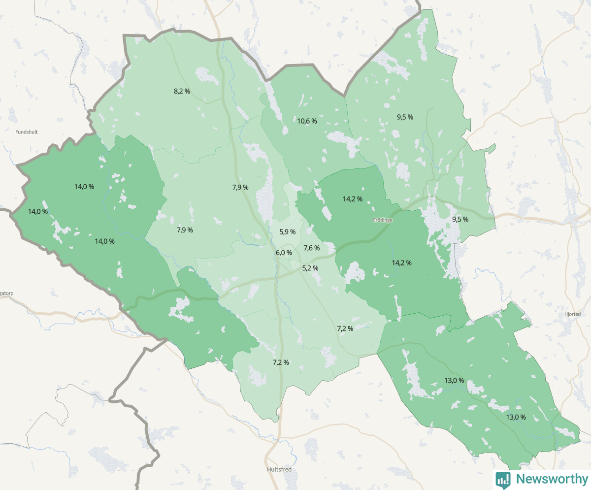 Koroplet-karta över partiets stöd i kommunens valdistrikt. Se tabell.