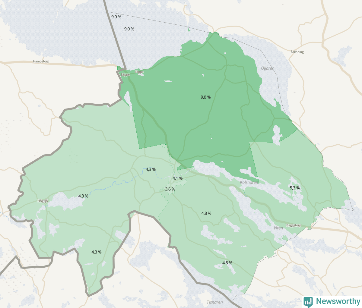 Koroplet-karta över partiets stöd i kommunens valdistrikt. Se tabell.