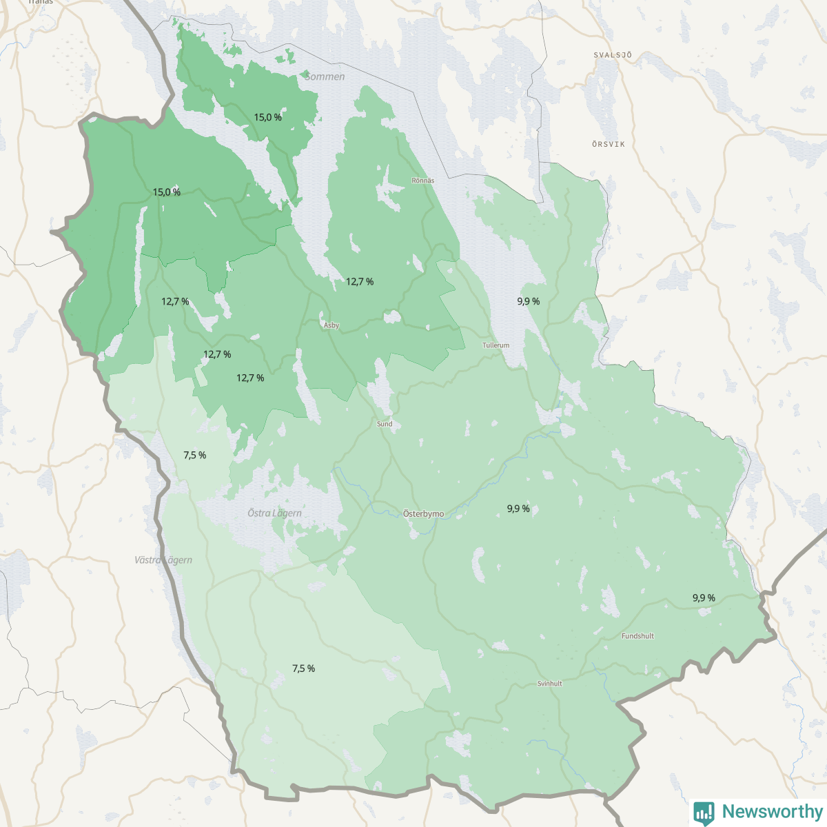 Koroplet-karta över partiets stöd i kommunens valdistrikt. Se tabell.