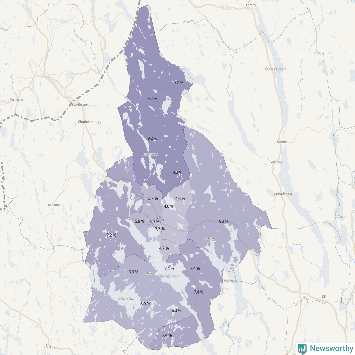 Koroplet-karta över partiets stöd i kommunens valdistrikt. Se tabell.