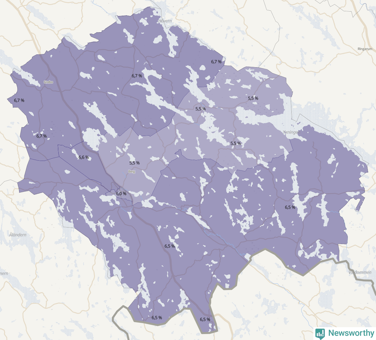 Koroplet-karta över partiets stöd i kommunens valdistrikt. Se tabell.