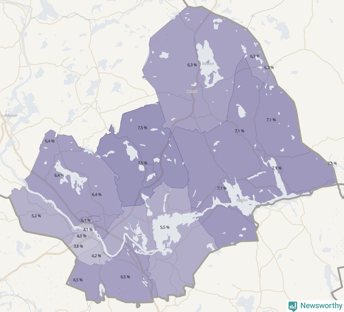 Koroplet-karta över partiets stöd i kommunens valdistrikt. Se tabell.