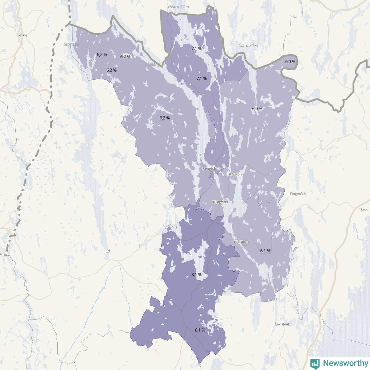 Koroplet-karta över partiets stöd i kommunens valdistrikt. Se tabell.