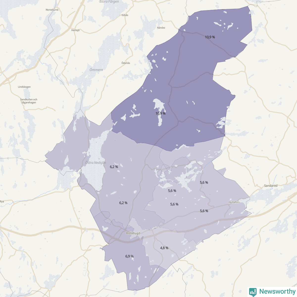Koroplet-karta över partiets stöd i kommunens valdistrikt. Se tabell.