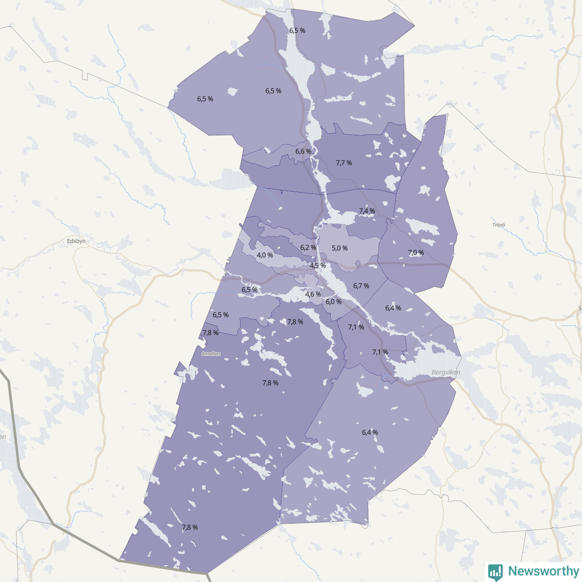 Koroplet-karta över partiets stöd i kommunens valdistrikt. Se tabell.