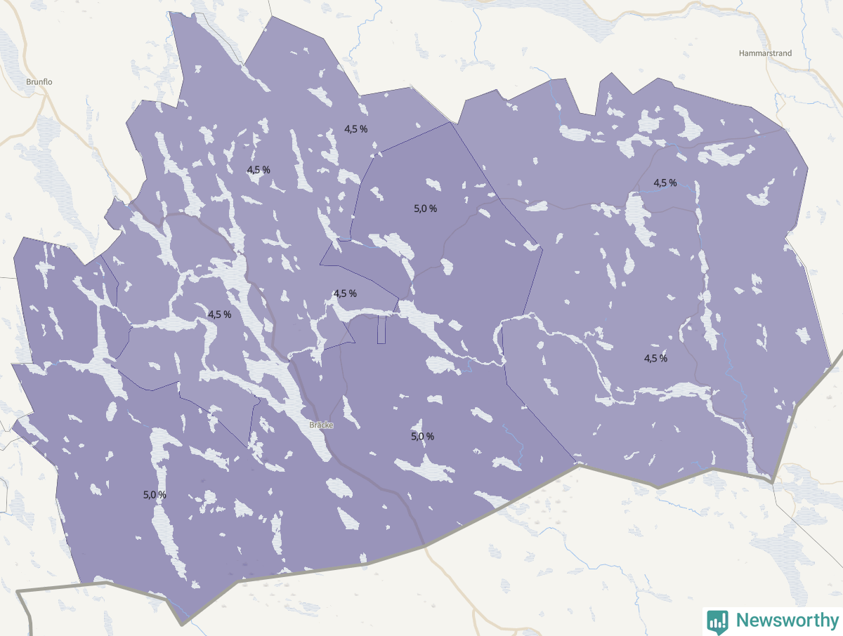 Koroplet-karta över partiets stöd i kommunens valdistrikt. Se tabell.
