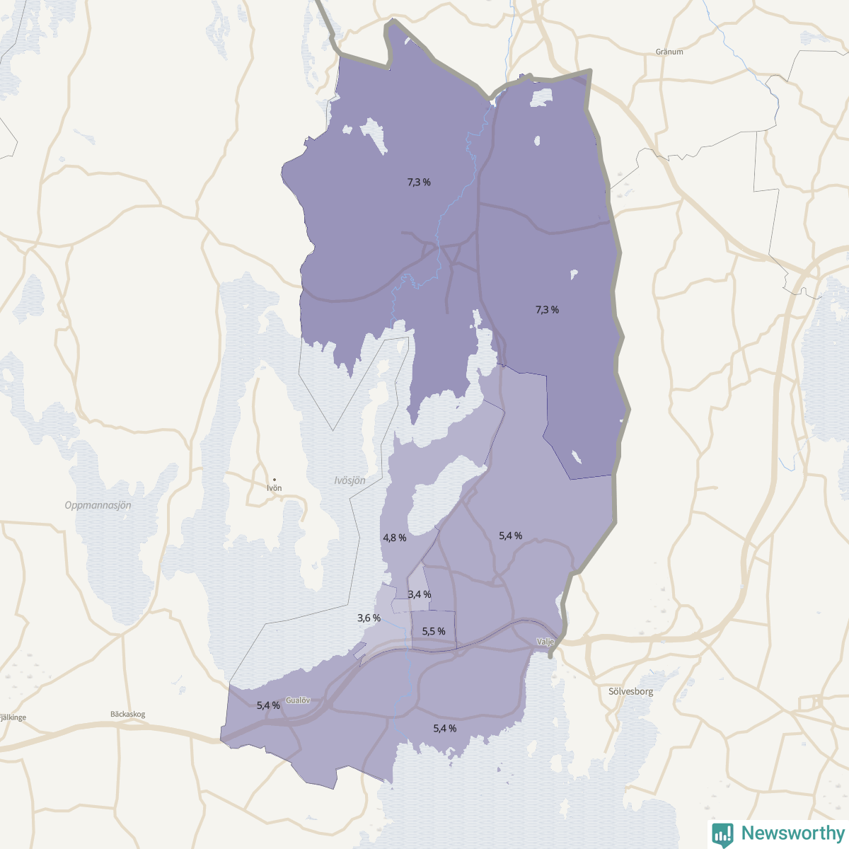 Koroplet-karta över partiets stöd i kommunens valdistrikt. Se tabell.