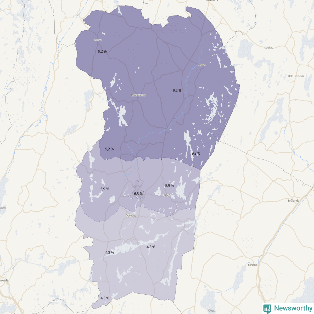 Koroplet-karta över partiets stöd i kommunens valdistrikt. Se tabell.