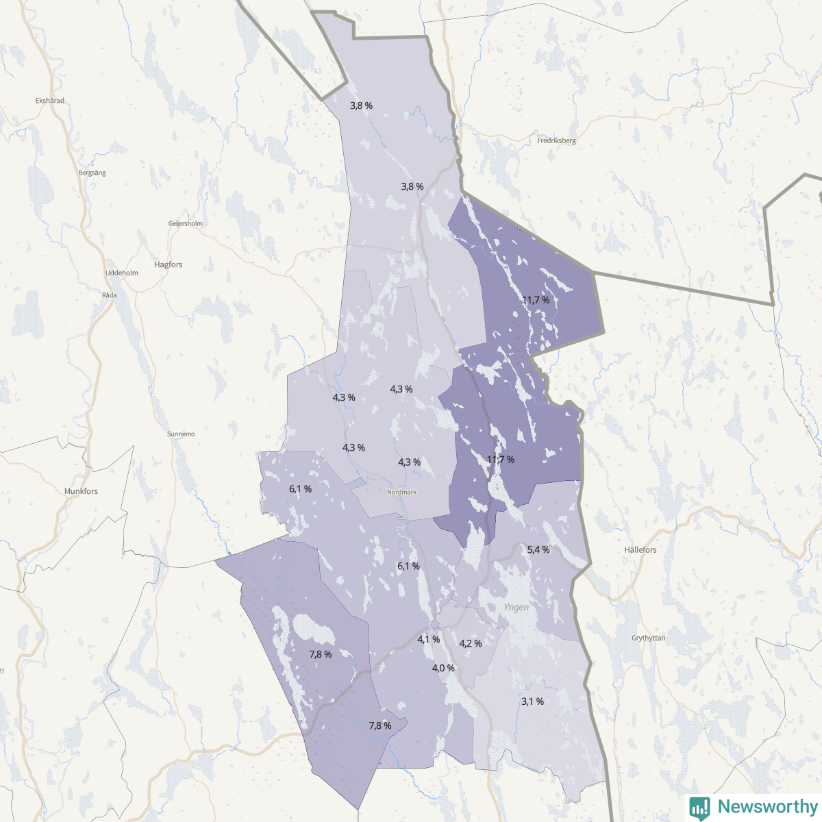 Koroplet-karta över partiets stöd i kommunens valdistrikt. Se tabell.