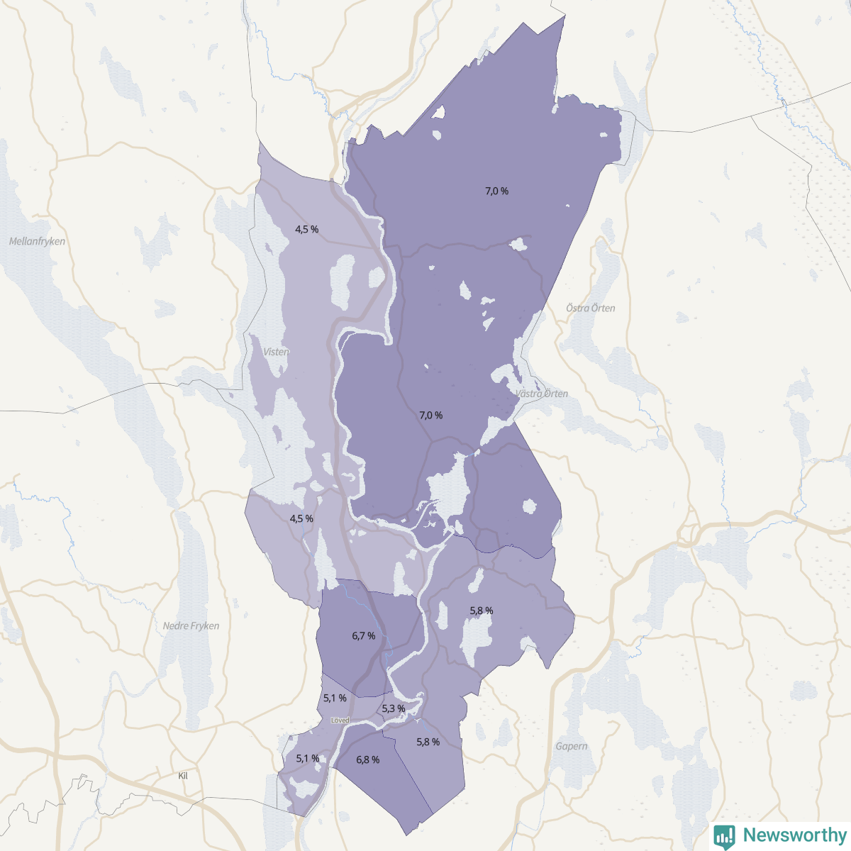Koroplet-karta över partiets stöd i kommunens valdistrikt. Se tabell.
