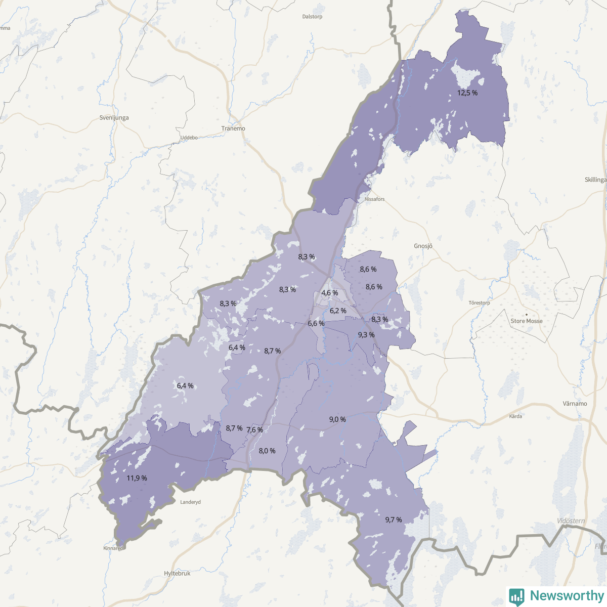 Koroplet-karta över partiets stöd i kommunens valdistrikt. Se tabell.