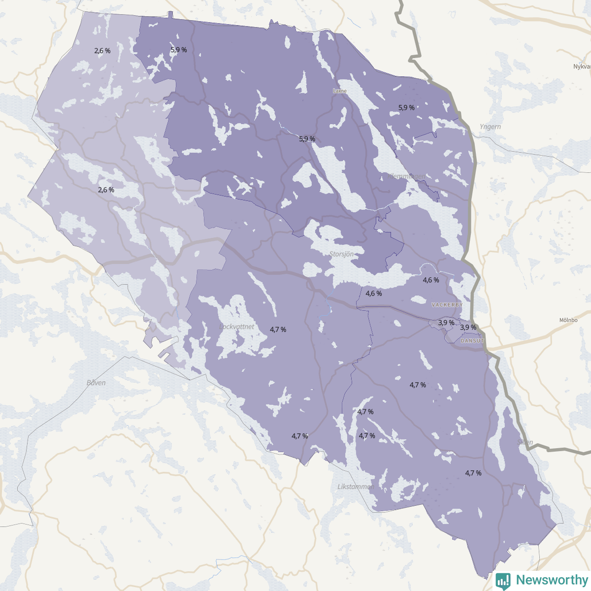 Koroplet-karta över partiets stöd i kommunens valdistrikt. Se tabell.