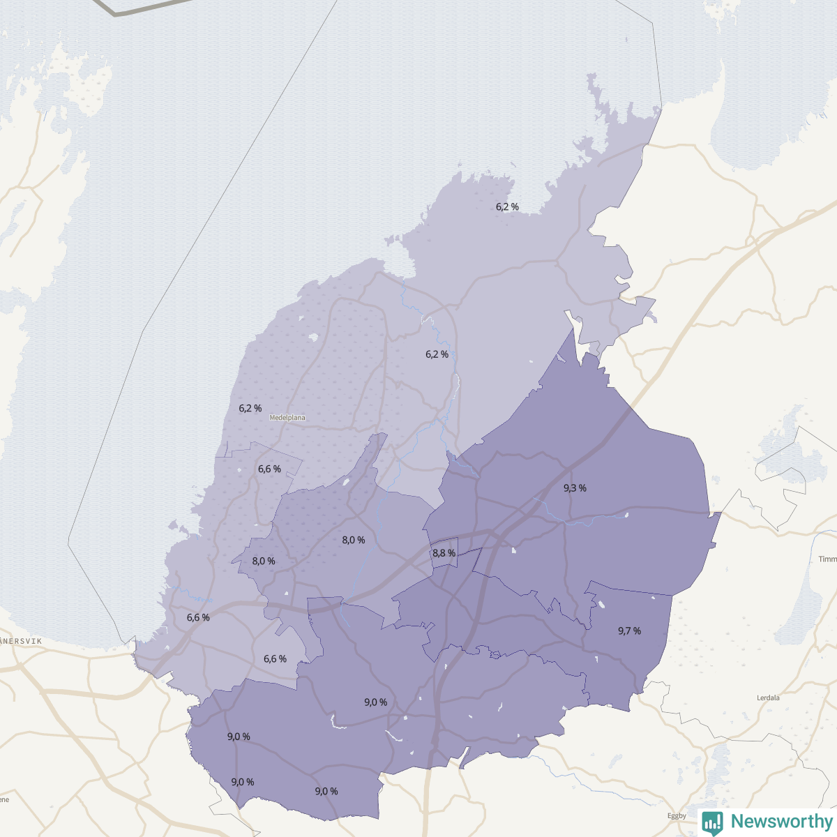 Koroplet-karta över partiets stöd i kommunens valdistrikt. Se tabell.