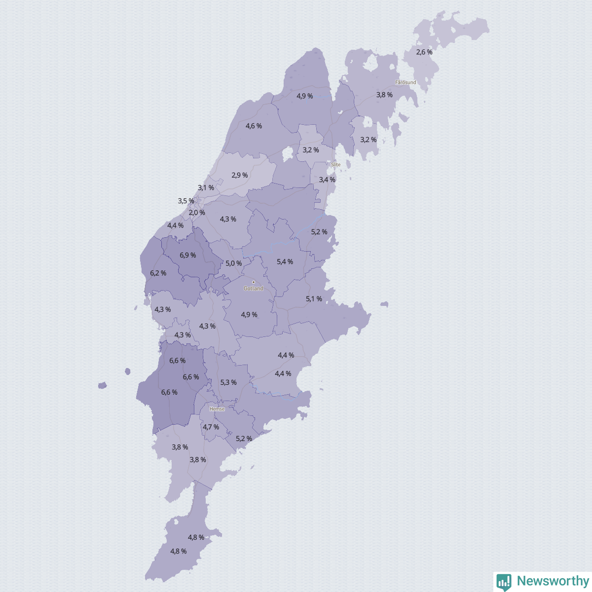 Koroplet-karta över partiets stöd i kommunens valdistrikt. Se tabell.